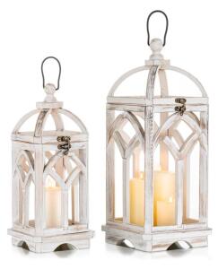 Cathedral-Style Wooden Lanterns Set, Distressed White