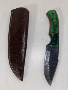 Custom Fixed-Blade Hunting Knife, 4" Drop Point, Green Dyed Wood Handle, Leather Sheath