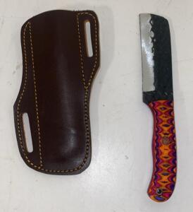 Handmade Cleaver Knife &ndash; 4.5" High Carbon Blade, Multicolor Geometric Handle, Leather Sheath