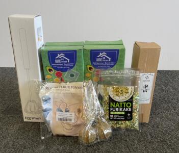 Mixed Kitchen Lot: Flatware Set for 6, Whisk, Funnel, Deodorizers, Tea Infuser, Natto Furikake
