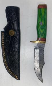 Damascus Steel Fixed Blade Knife, 4" Blade, 8" Overall, Custom Green Handle, Brass Guard, Sheath