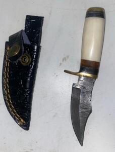 Custom Damascus Fixed Blade Knife, 3" Blade, Bone Handle, Brass Guard, Leather Sheath
