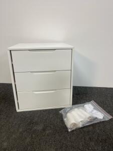 White 3-Drawer Nightstand, Mid-Century Modern Style, Detachable Wood Legs, 16"x16"x24", Damaged
