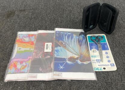 Diamond Painting Kit Lot - 3 Canvases, Whashin 730 Scissors, Locode Case