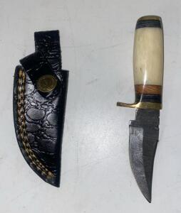 Damascus Steel Hunting Knife 3.7" Blade, Bone & Wood Handle, Brass Guard, Leather Sheath