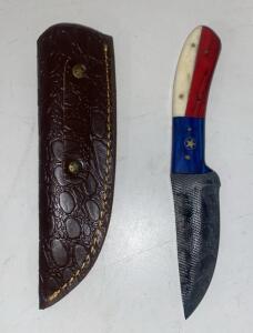 Fixed-Blade Knife 8" Texas Flag Handle, Drop Point, Pattern-Welded Blade with Leather Sheath