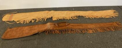 Western Leather Rifle Scabbards, Fringed, 40" Tan & Brown, Hand-Carried, Decorative Stitching