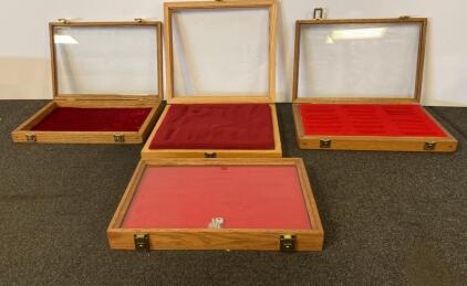 Four Wooden Knife Display Cases With Red Velvet Lining, Glass Lids, Lockable, Mixed Slot Styles