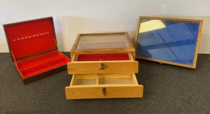3 Wood Display Cases: Glass Top, Felt Lining, Drawers & Ring Slots, Jewelry/Collectibles