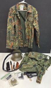 German Flecktarn Field Jacket, Schrade 152UH Knife, CRKT Knife, Helmet, & More