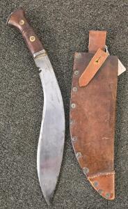 WWII British Military Kukri Knife, A.W.42 Marked, 1942, Original Wood Handle & Leather Scabbard