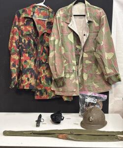 Vintage Swiss Alpenflage & Italian Camo Jackets, French Adrian Helmet, Knife