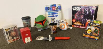 Star Wars Collectibles Lot, NIB BB-8 Funko Pop, Hallmark Ornament, R2-D2 Sign, Plush, Trivia Game