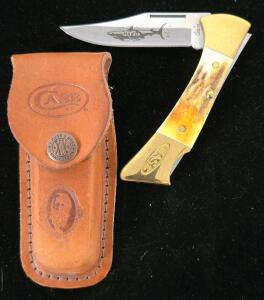 Case XX Mako Folding Knife, 3.25" Stainless Blade, Bone Handle, Brass Bolsters, Leather Sheath