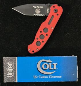 Colt Fire Fighter Folding Knife, Tanto Partially Serrated 3" Blade, Red Aluminum Handle, Boxed