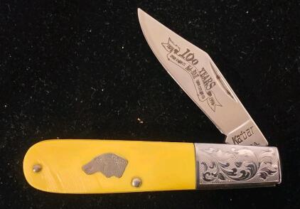 Ka-Bar 100 Years Commemorative Folding Knife, Yellow Handle, Clip Point Blade, USA, 1998