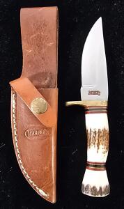 Marble's Fixed-Blade Hunting Knife, Stag Handle, 4.5" Blade, Leather Sheath, USA