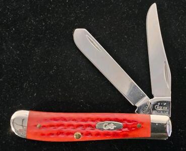 Case 6207 SS Mini Trapper, Red Jigged Handle, Stainless Blades, USA Made, 3.5" Closed, 2 Blades