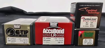 Nosler AccuBond LR 190gr, E-Tip 180gr, Partition Gold, Ballistic Tip .308" Bullets &ndash; 4 Opened Boxes With Unknown Exact Counts
