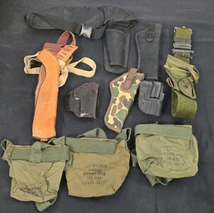 (6) Holsters, Military Belt, (3) Ammo Pouch Slings
