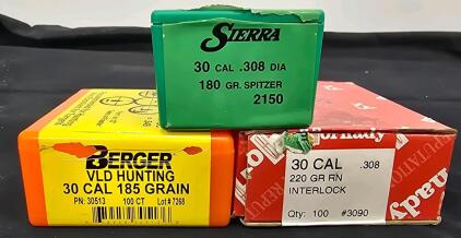 Bulk Lot .30 Cal Rifle Bullets - Sierra 180gr, Berger 185gr, Hornady 220gr