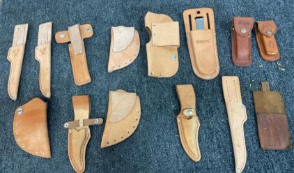Lot of 14 Leather Tool Sheaths & Holsters, Corona Pruner Holder, Variety of Styles, Belt Loops