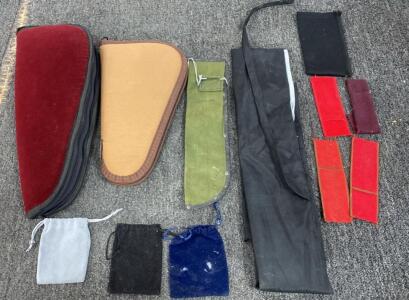 Mixed Lot of 13 Soft Gun Cases & Accessory Pouches &ndash; Velvet, Canvas & Nylon, Zipper/Drawstring Closures