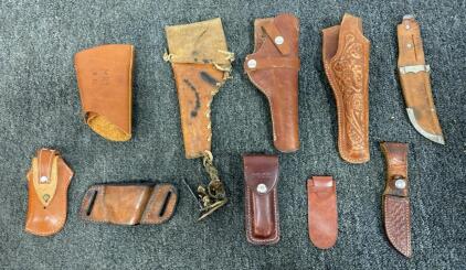 Vintage Leather Knife Sheath Lot, Buck, MRT 1951, Western, Tooled & Snap Holsters, 10 Pieces
