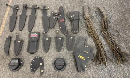 Harley-Davidson & Assorted Leather Knife Sheaths, Holsters, Handlebar Fringe Lot - 18 Pieces