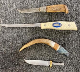 Lot of 4 Fixed-Blade Knives: Camillus 71096 Fillet, Antler Flint Knife, Vintage, Unfinished Kit Blank