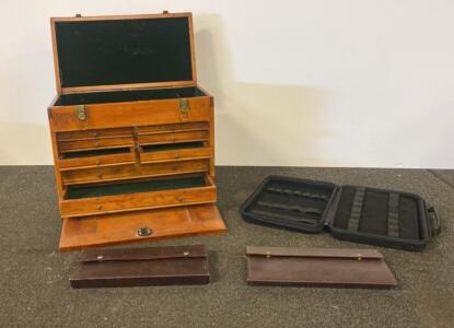 Vintage Hardwood Machinist Tool Chest With 7 Drawers, Leather Tool Rolls, And Zippered Tool Case
