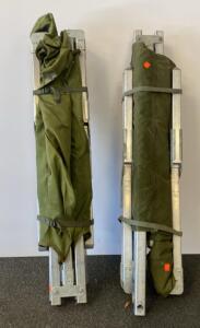 Military Folding Aluminum Stretchers/Cots, Olive Drab Canvas, Approx. 87&rdquo;x22&rdquo;, Set of 2