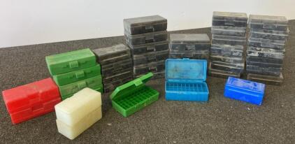 Large Lot of 39 MTM Case-Gard 50-Round Plastic Ammunition Boxes, Multiple Colors, Stackable