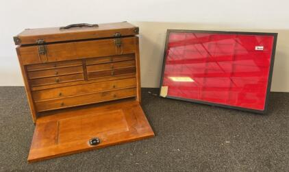 Wooden Machinist Display Chest With 8 Drawers, Felt Lined, Includes DS14R Red Display Tray, Locking - No Key