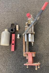 Manual Single Stage Reloading Press, Steel Frame, Handle & Bench Clamp, Powder Bottle, Bushings