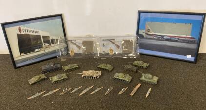 WWII Model Tank & Ship 1:72/1:1200 Scales, 9 Tanks, 8 Ships, Continental Airlines Photos, Accessories