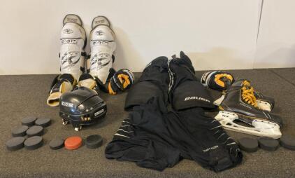 Adult CCM/Bauer Hockey Equipment Set - Skates 10.5, Helmet, Pads, Gloves, Bag, Pucks, Men's Size