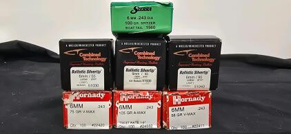 6mm/.243 Rifle Bullets &ndash; Sierra, Hornady, Nosler, V-MAX/A-MAX/Silvertip, 55&ndash;105gr, Opened And Sealed Containers