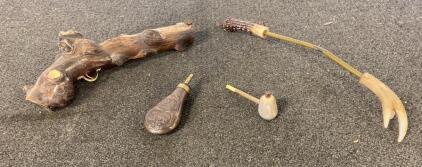 Antique Style Black Powder Pistol Wooden Decoration, Embossed Powder Flask, Antler & Bone Measures Lot