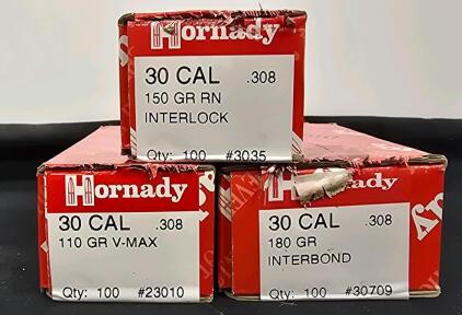 Hornady 30 Cal (.308) Rifle Bullets, 110gr V-MAX, 150gr RN Interlock, 180gr Interbond, 3 Boxes