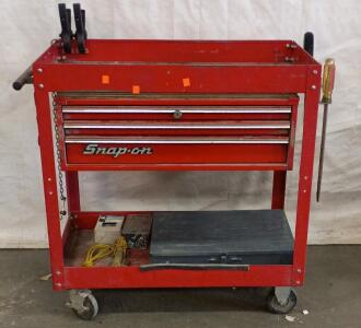 Snap-On Rolling Tool Cart W/ 3 Drawers, Assorted Tools, Mixed Brands, Mac Tools Badge, Red Steel