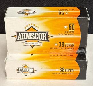 Armscor .38 Super 125gr FMJ, 2 Boxes, 100 Rounds, Factory Ammo, Brass Case, Made In Philippines