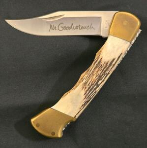 Buck 110 Lockback Knife Stag Handle Brass Bolster 3.75" Blade "Mr. Goodwrench" USA