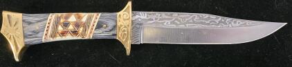 Chipaway Cutlery Fixed Blade Knife, 7" Etched Clip Point, Carved Bone & Brass Handle, Tribal Design