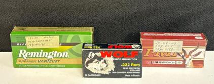 Remington & Wolf .222 Rem / PMC .220 Rem Reloads & Factory Ammo 52-55gr, FMJ/HPBT, 3 Boxes