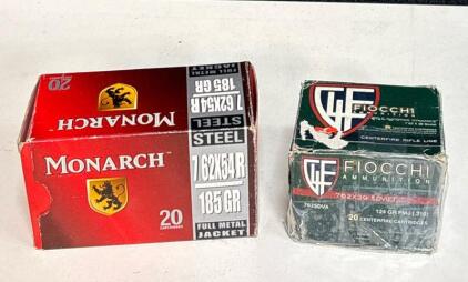 Monarch 7.62x54R 185 Gr FMJ Steel Case & Fiocchi 7.62x39 124 Gr FMJ Brass 2x20 Rounds
