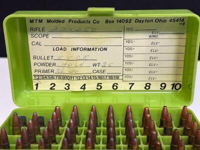 .22-250 Remington Handloaded Ammo - 46 Rounds, 55Gr SP, 35Gr 4064, MTM Case-Gard Box