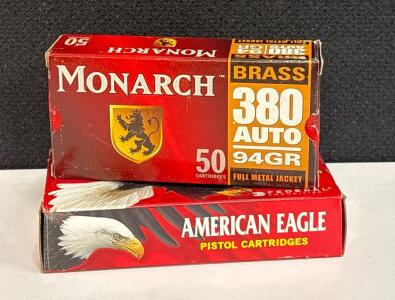Monarch & American Eagle .380 Auto, 94gr/95gr FMJ, Brass Case, 100 Rounds &ndash; 2 Full Boxes