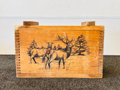 Wooden Storage Chest 24"x12"x14" &ndash; Wildlife Scene, Hinged Lid, Natural Finish, Carved Handles