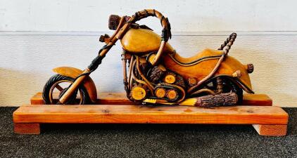 Large Handcrafted Wooden Motorcycle Sculpture With Bark Accents And Plank Stand, 30"x8"x13"